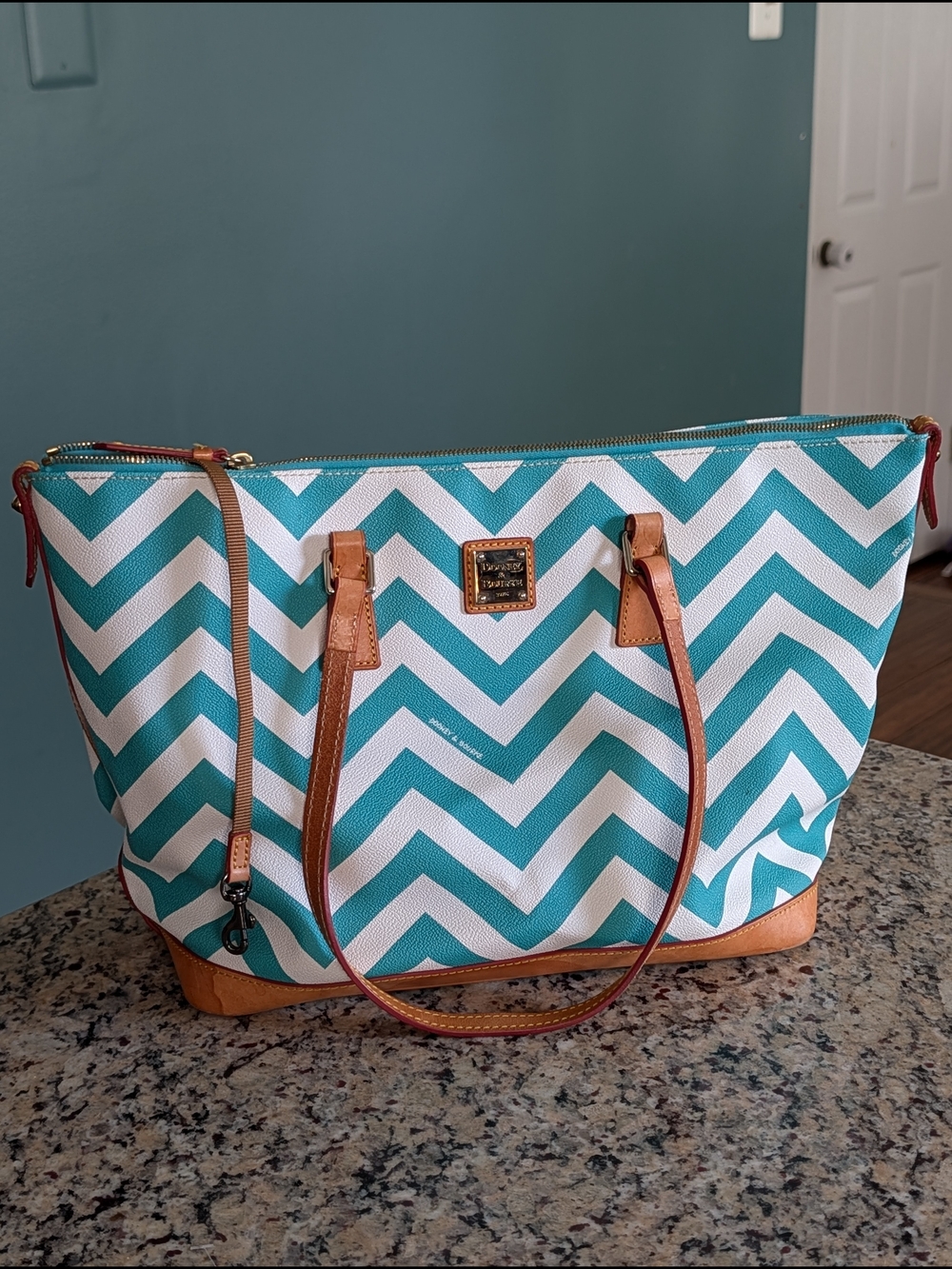Dooney & Bourke Teal and White Chevron Tote Bag with Leather Trim